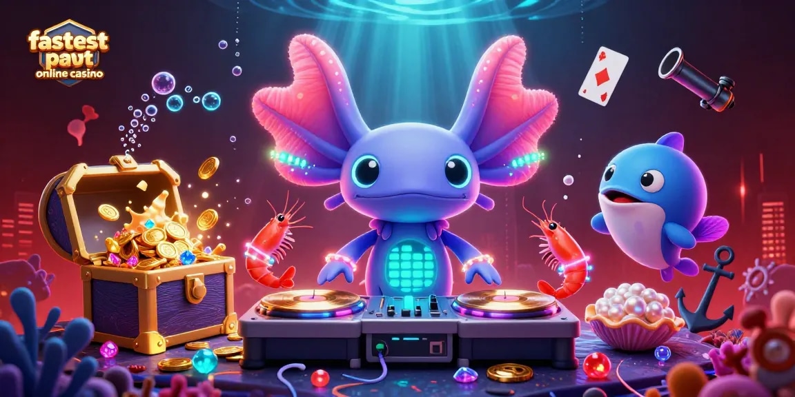 Experience the excitement at the fastest payout online casino with catchy visuals of axolotl DJ and dancing sea creatures.