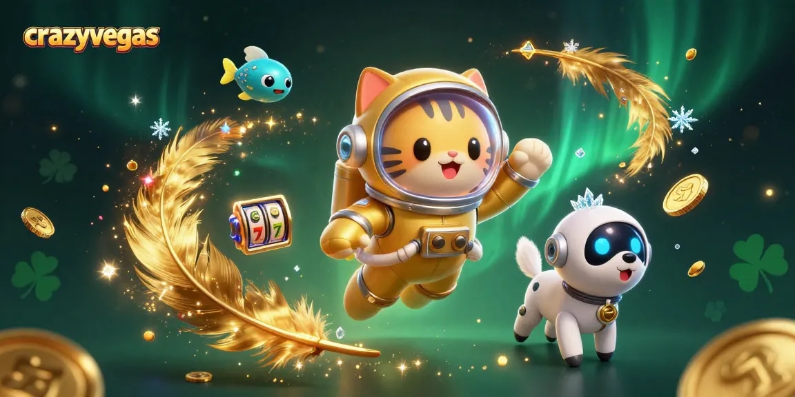 Spin slots with crazyvegas alongside an astronaut cat and a robotic dog in a cosmic casino scene.