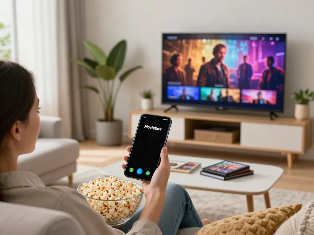 Enjoying https://moviesbox.net.co/ on an Android smartphone in a cozy living room