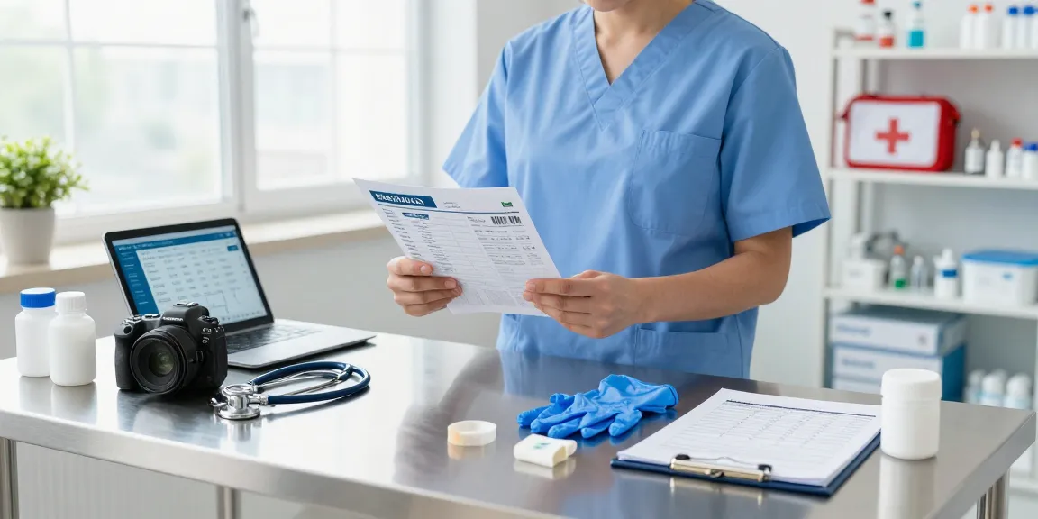 Healthcare professional reviewing emrn medical supplies catalog in a bright hospital environment.