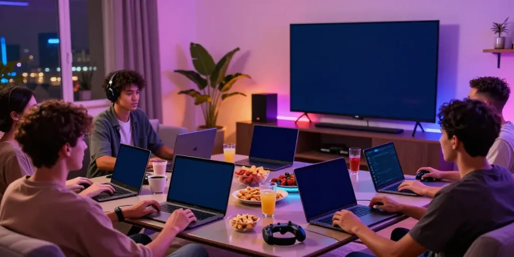 Friends enjoying an engaging online gaming session with GEM88 platform in a lively setting.