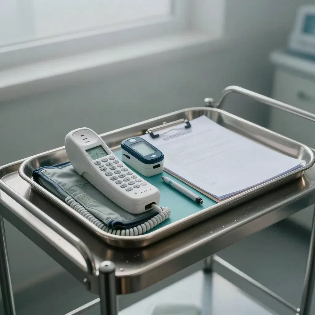Clinic triage tray with handset, oximeter, cuff and clipboard in soft studio light.