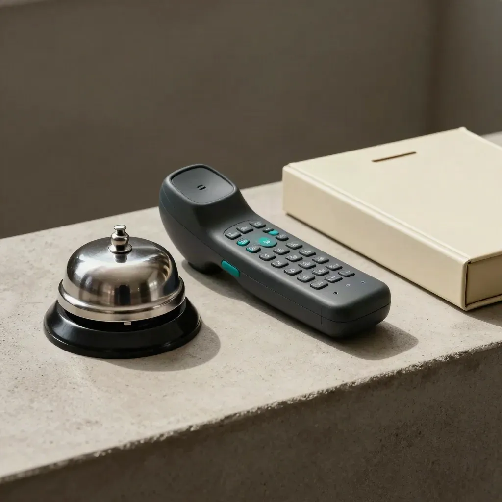 Clinic handset, call bell, and inbox tray on concrete with dark bokeh.