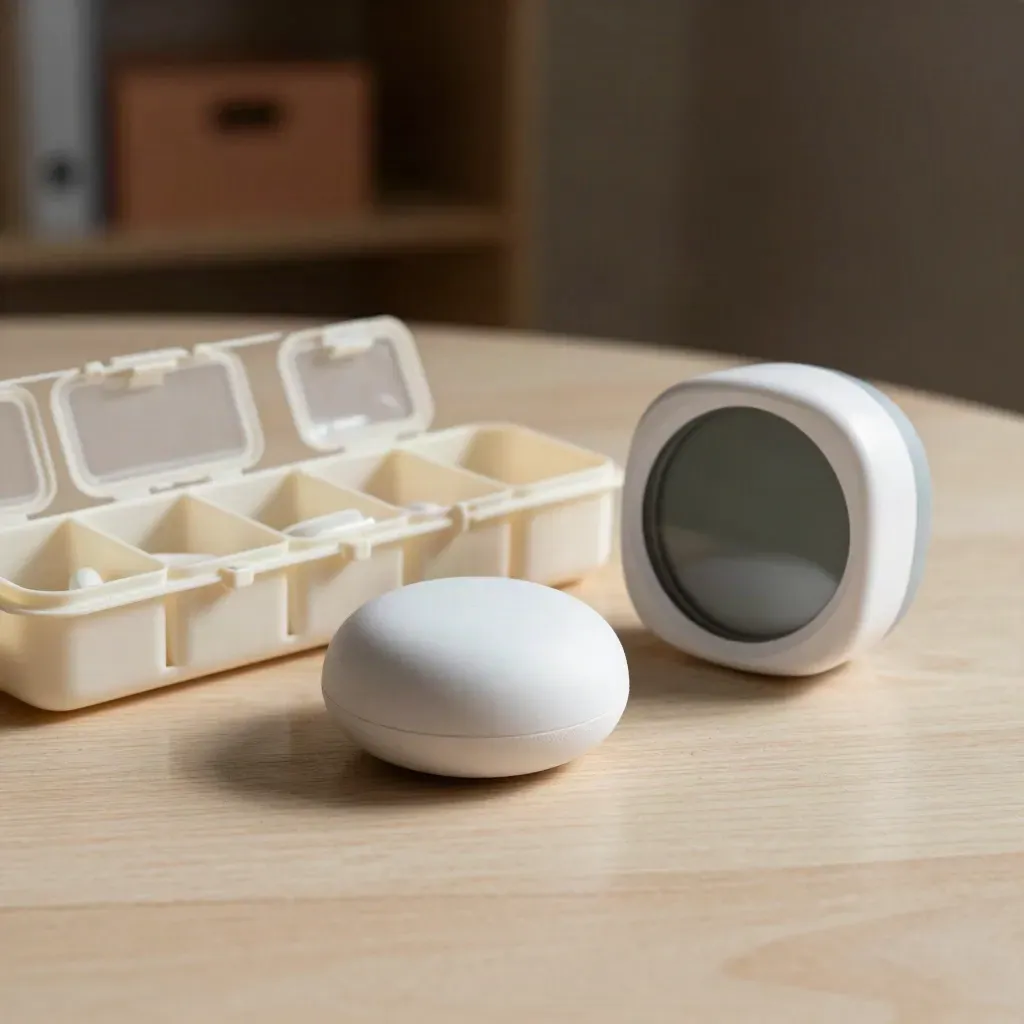 Pill organizer, reminder puck, and timer on pale wood with dark bokeh background.