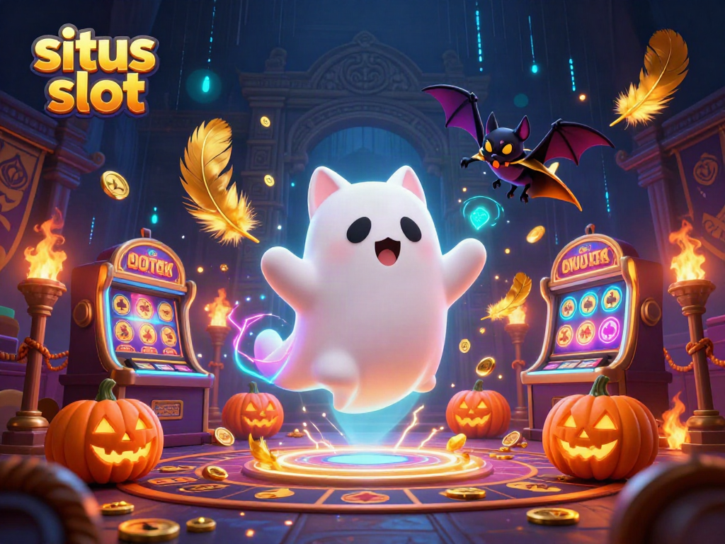 Liven up your gameplay at situs slot with friendly ghost cat and vampire bat in a haunted casino scene