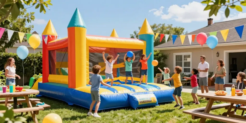 Children enjoying a bounce castle at a summer party, with colorful decorations and a lively atmosphere.