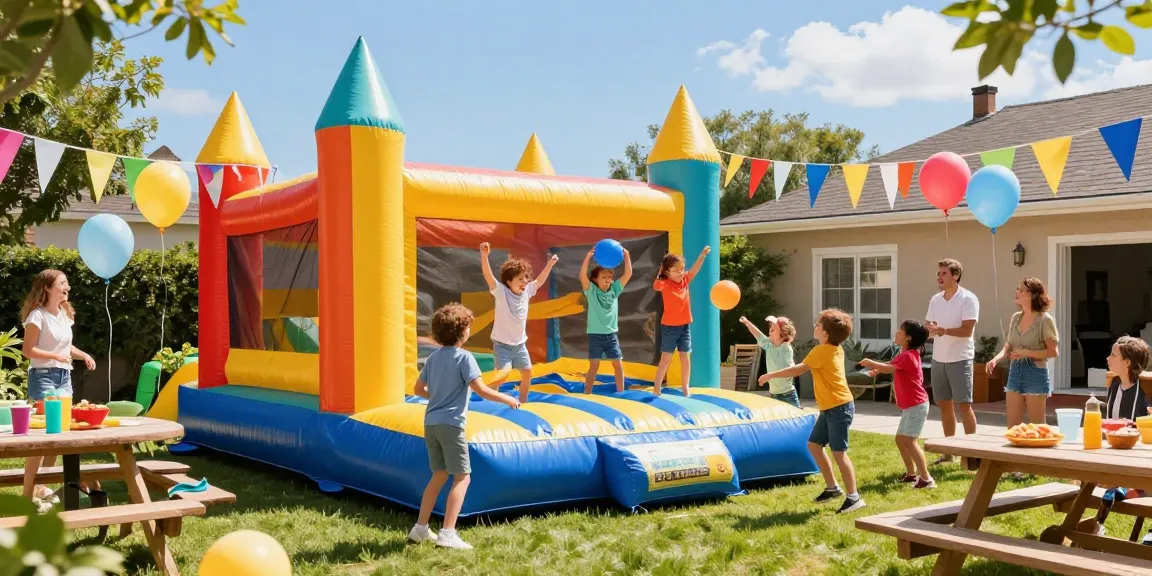 Children enjoying a bounce castle at a summer party, with colorful decorations and a lively atmosphere.